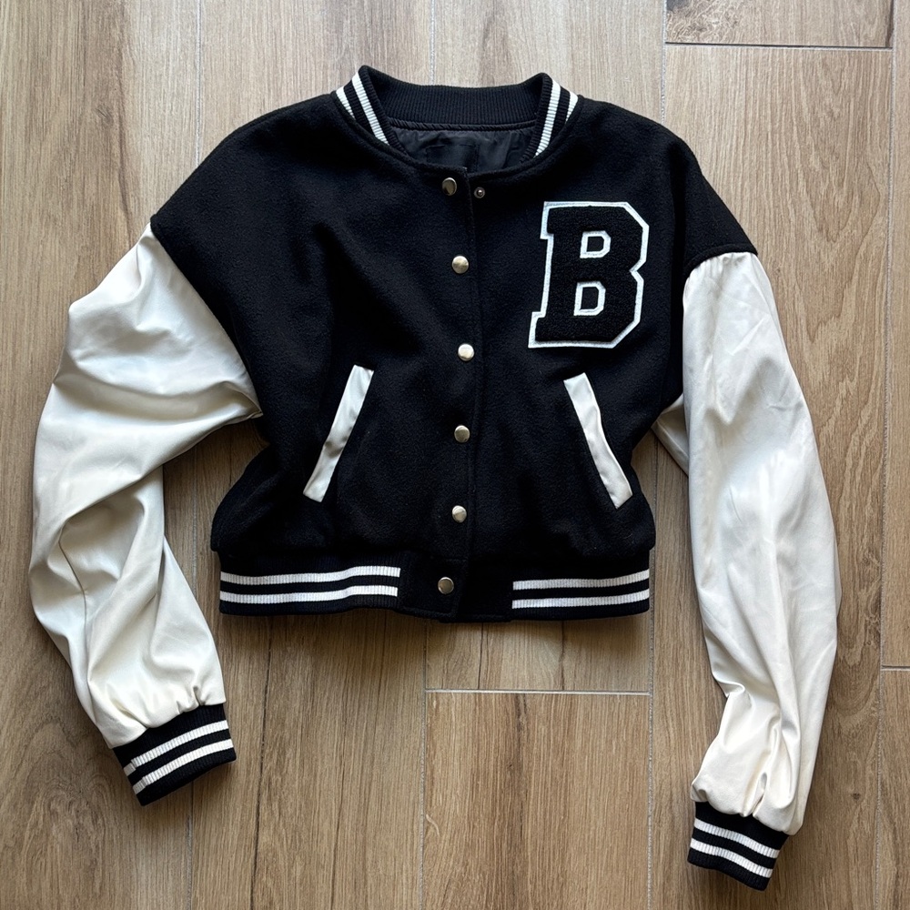 Love Tree Women’s/ Junior Black and White Varsity Jacket with 'B' Patch